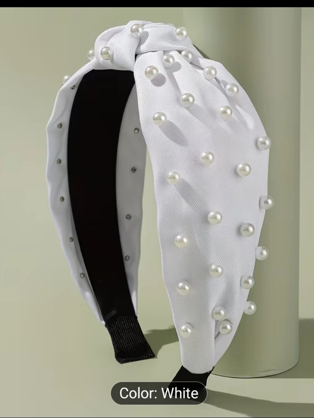 Wide Brim Knotted Head Band Faux Pearl Accents, White